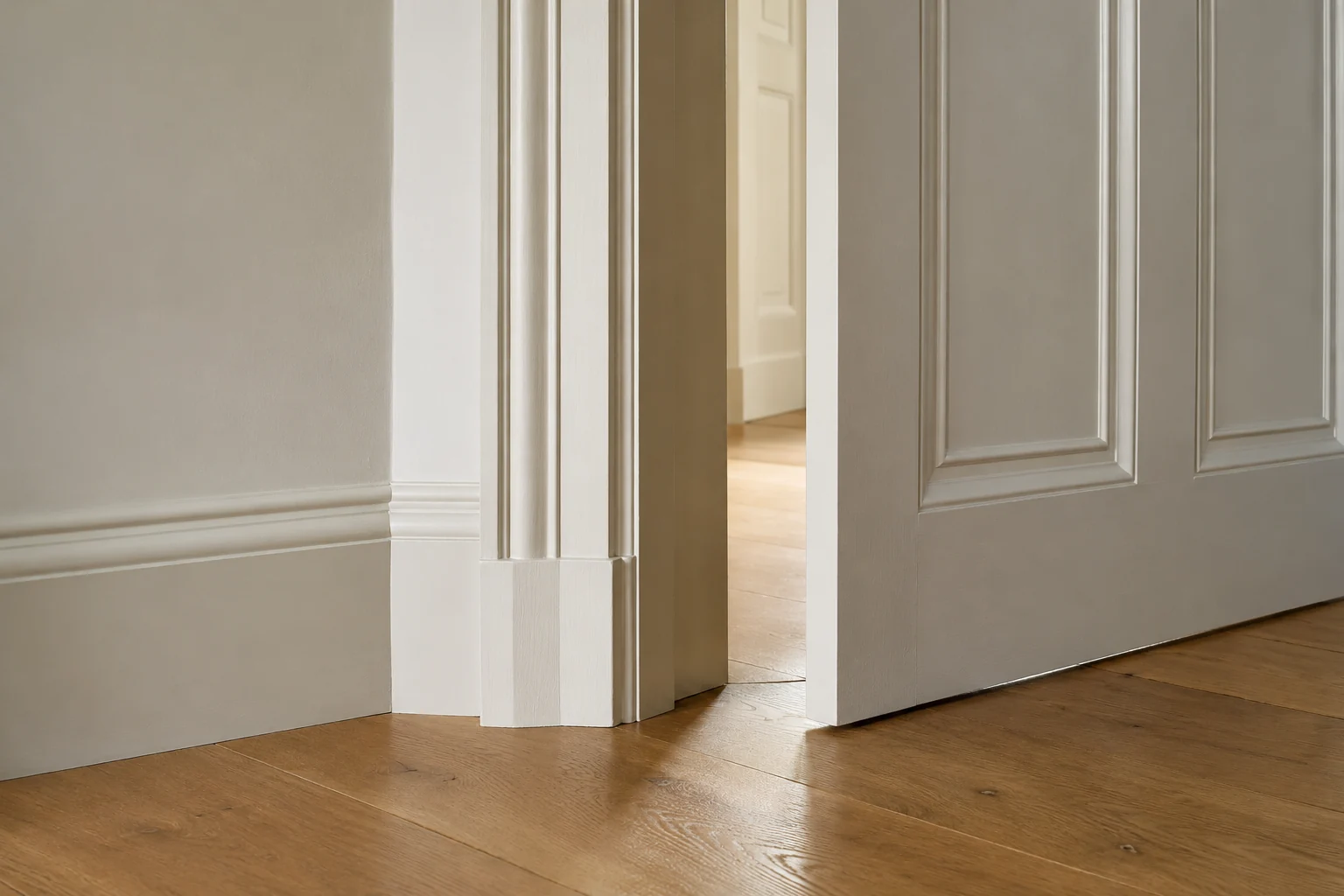 Illustrative painted timber doorcase meeting plaster, skirting and oak flooring. Illustration, not a Right Build Group project photograph.