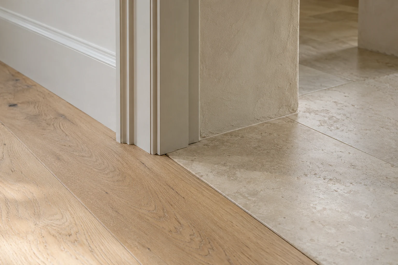 Illustrative level junction between timber flooring, stone and a door lining. Illustration, not a Right Build Group project photograph.