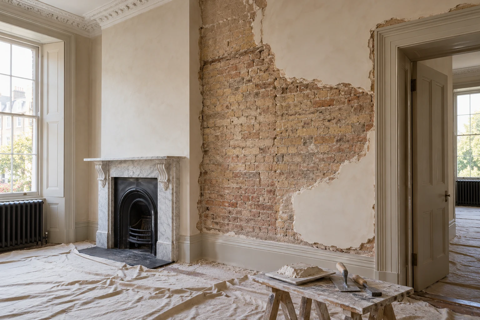 Illustrative investigation and plaster preparation around retained period features. Illustration, not a Right Build Group project photograph.