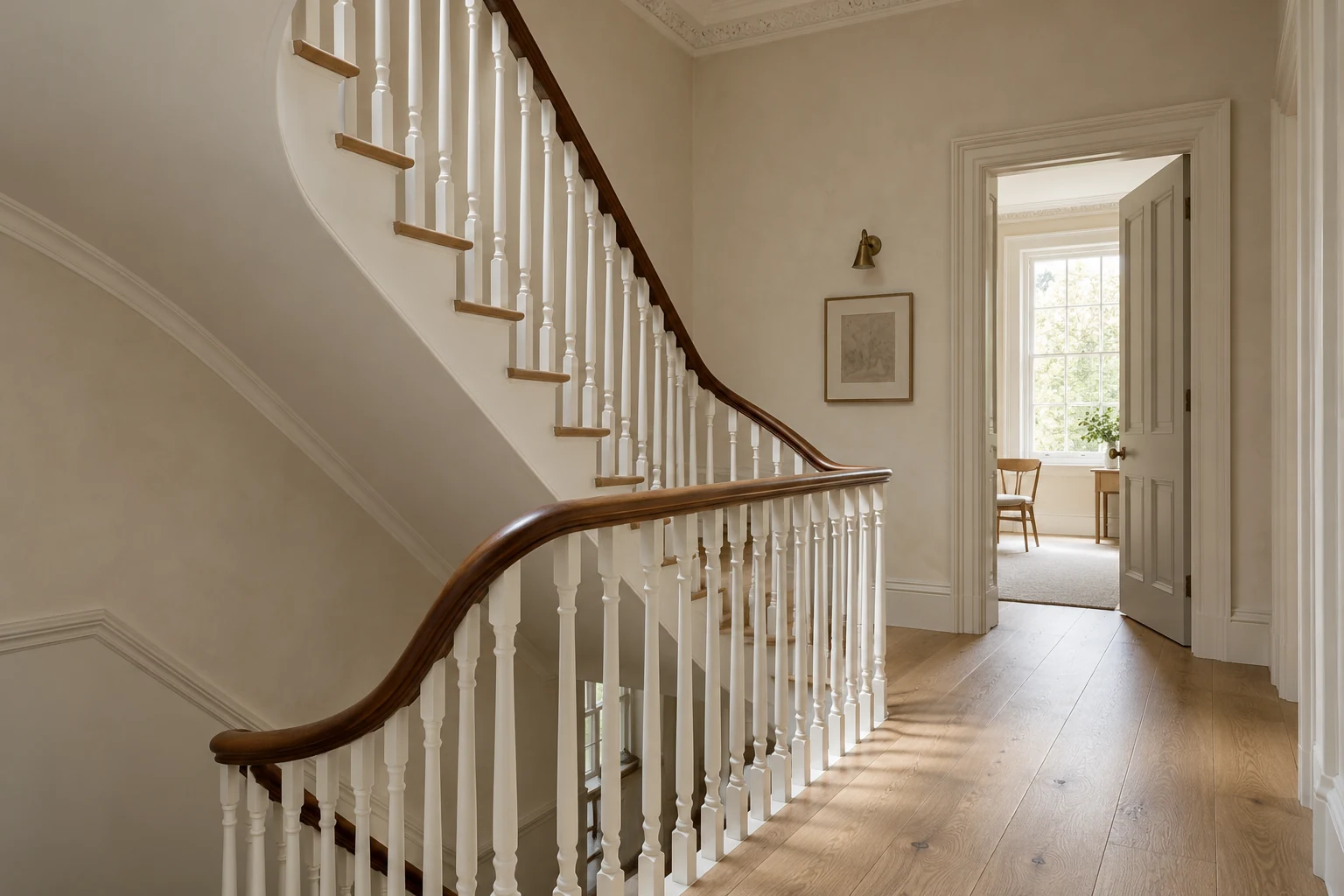 Illustrative restored timber stair and landing with carefully finished plaster junctions. Illustration, not a Right Build Group project photograph.
