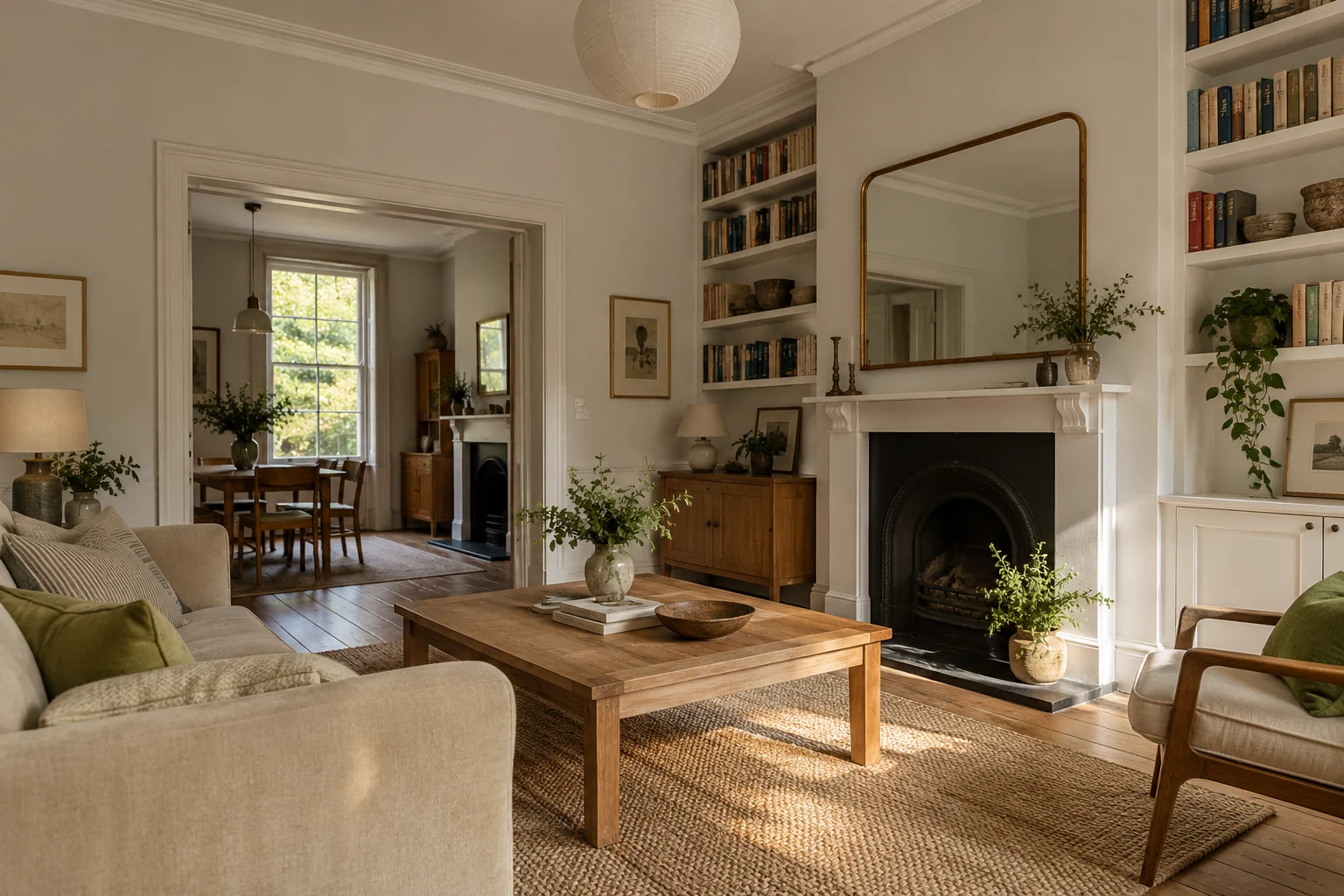 Illustrative concept of connected rooms with a retained chimney breast in a London terrace. Illustration, not a Right Build Group project photograph.